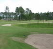 The par-5 third hole at The Golf Club at Fleming Island has trees and bunkers blocking out the right side near the green.